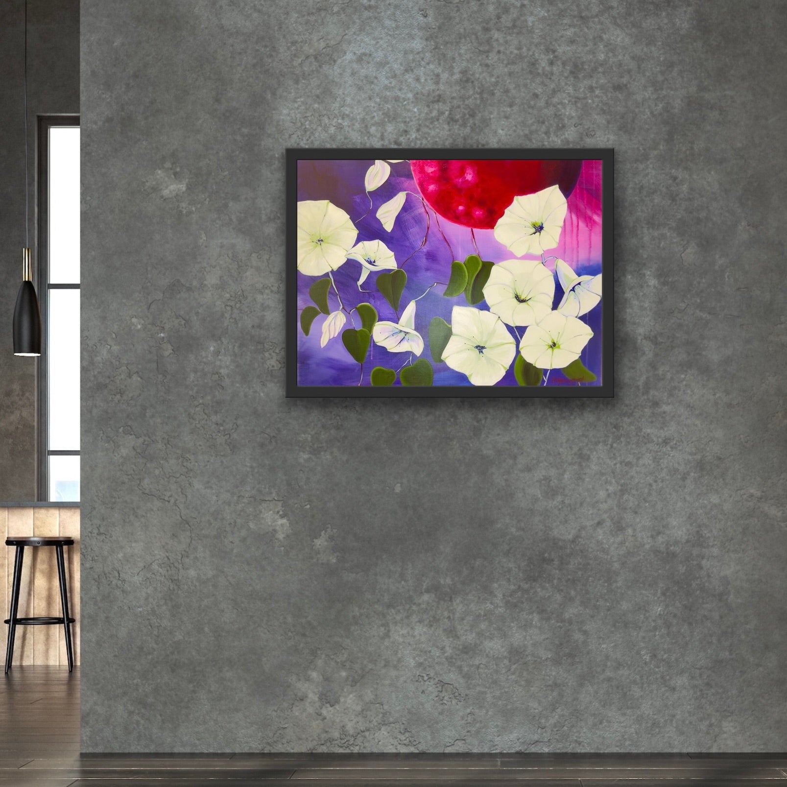 Explore the moonflower series-symbolic abstract paintings of luminous night blooms and magenta moonlight inspired by intuition and the integration of shadow and light.